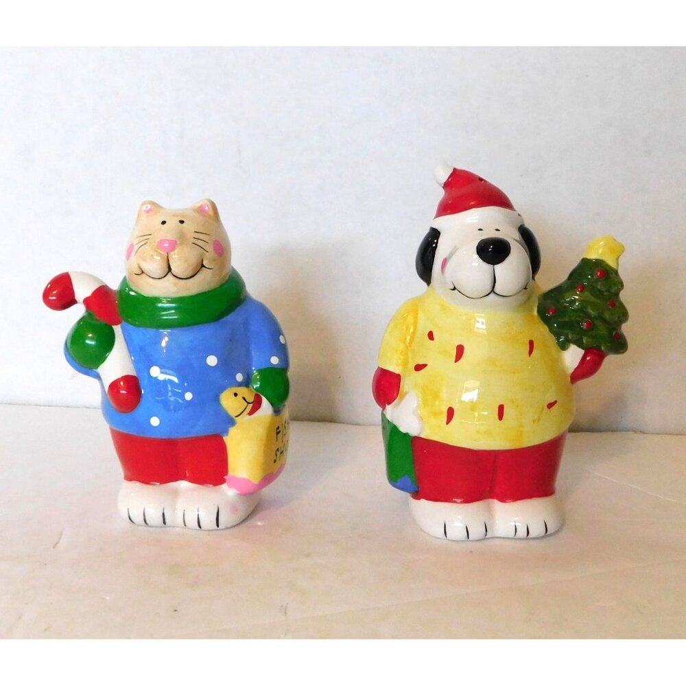 Coco Dowley Cat Dog Christmas Holiday Salt Pepper Shakers Vintage 1990s Ceramic